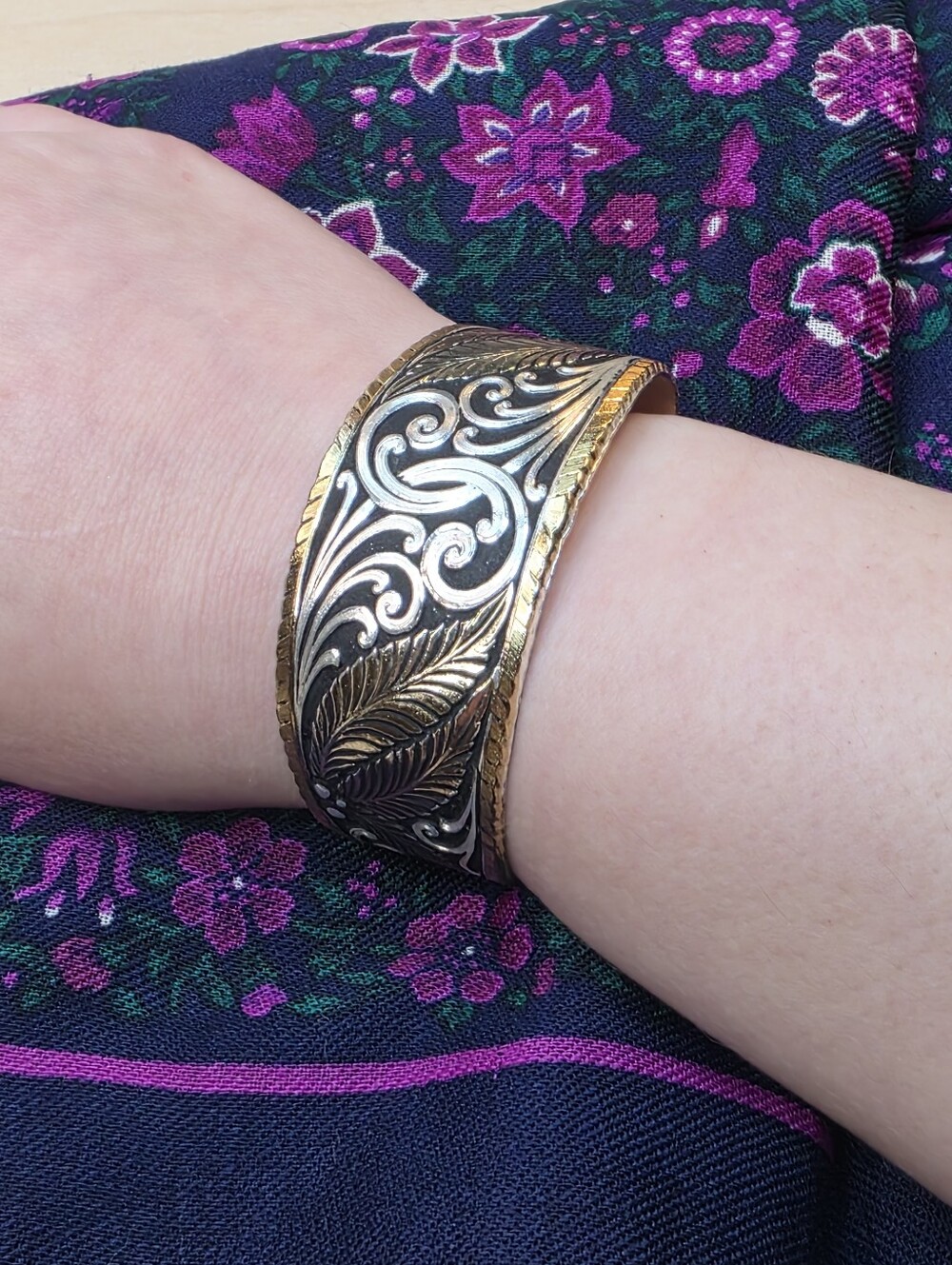Montana Silversmiths Two-Tone Western Scroll Feather Cuff Bracelet